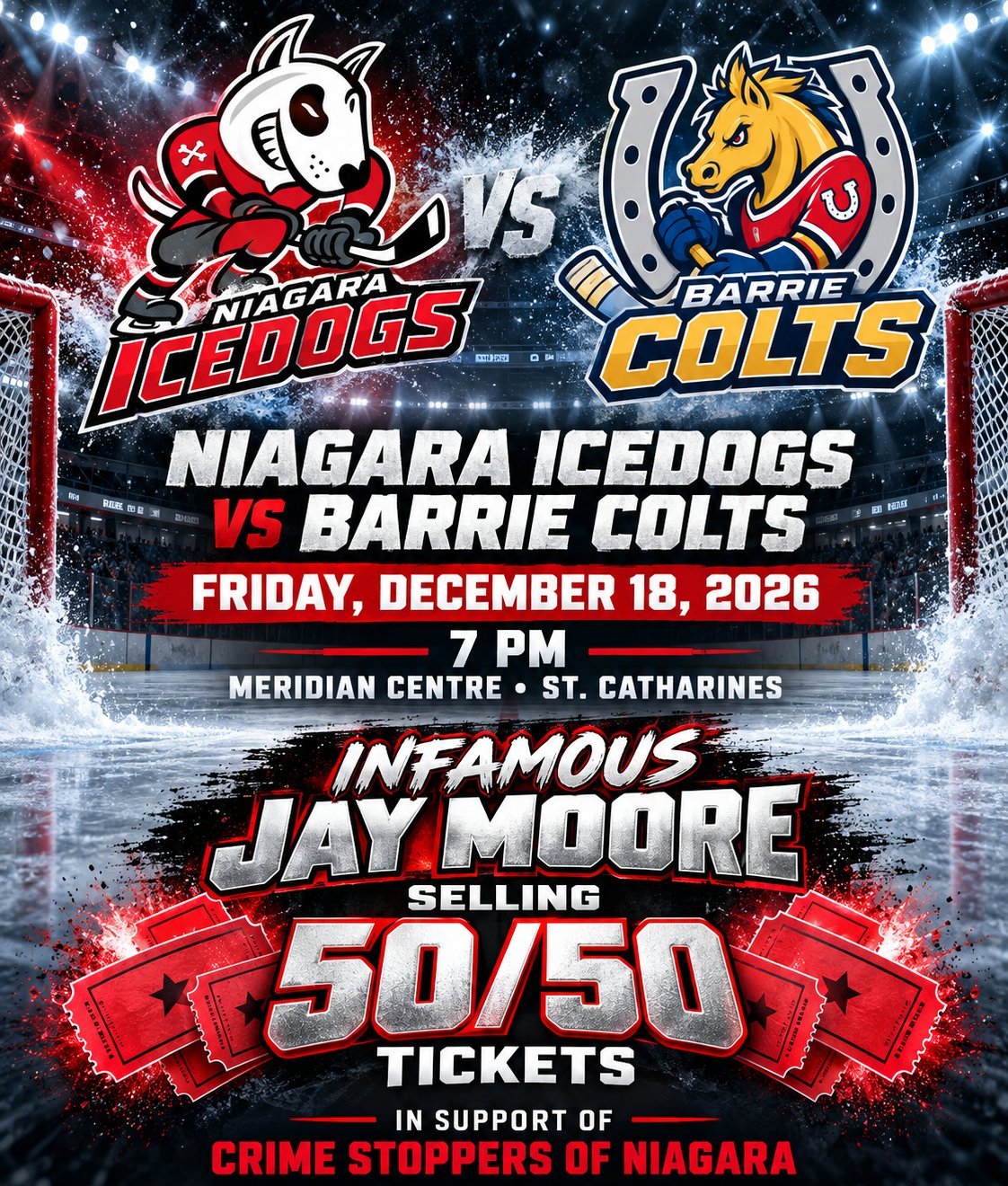 Infamous Jay Moore selling 50/50 tickets for Crime Stoppers of Niagara — Niagara IceDogs vs Barrie Colts, Friday December 18, Meridian Centre