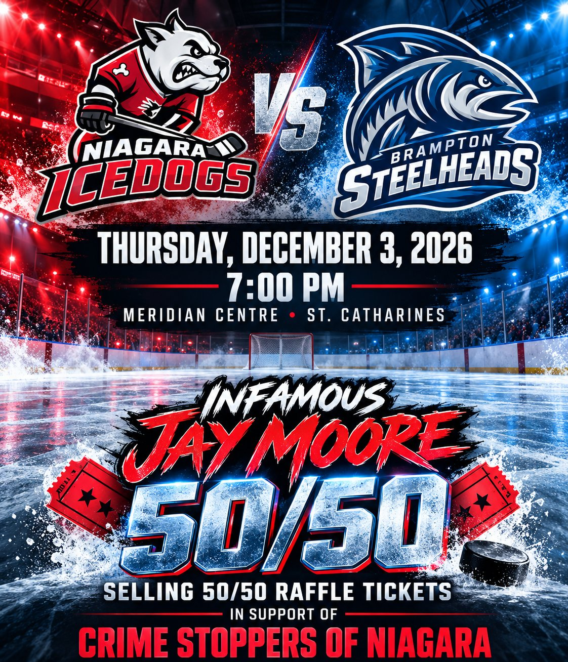 Infamous Jay Moore selling 50/50 tickets for Crime Stoppers of Niagara — Niagara IceDogs vs Brampton Steelheads, Thursday December 3, Meridian Centre