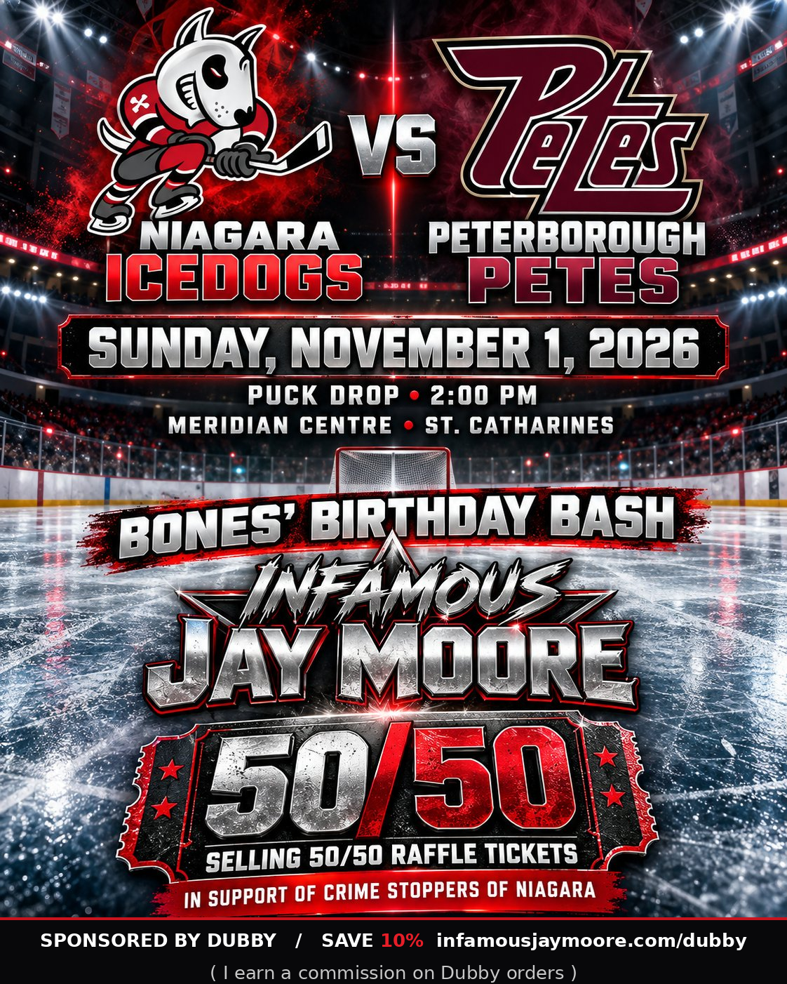 Infamous Jay Moore selling 50/50 tickets for Crime Stoppers of Niagara — Niagara IceDogs vs Peterborough Petes, Sunday November 1, Meridian Centre