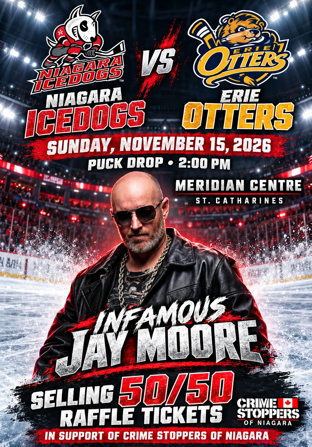 Infamous Jay Moore selling 50/50 tickets for Crime Stoppers of Niagara — Niagara IceDogs vs Erie Otters, Sunday November 15, Meridian Centre