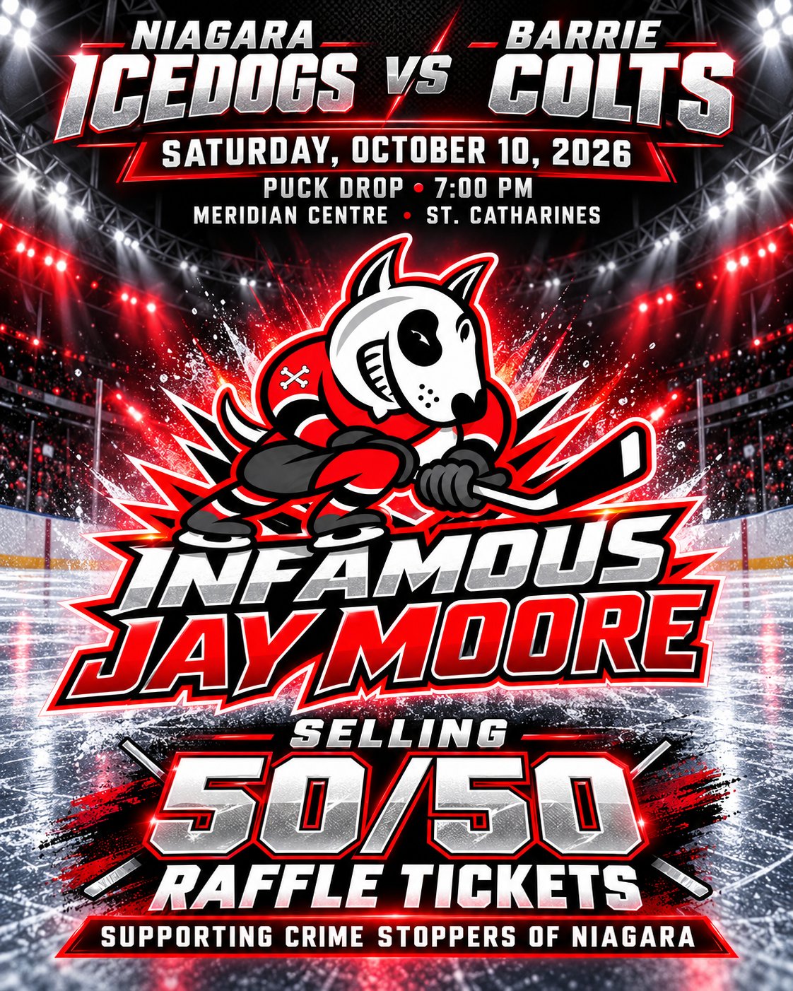 Infamous Jay Moore selling 50/50 tickets for Crime Stoppers of Niagara — Niagara IceDogs vs Barrie Colts, Saturday October 10, Meridian Centre