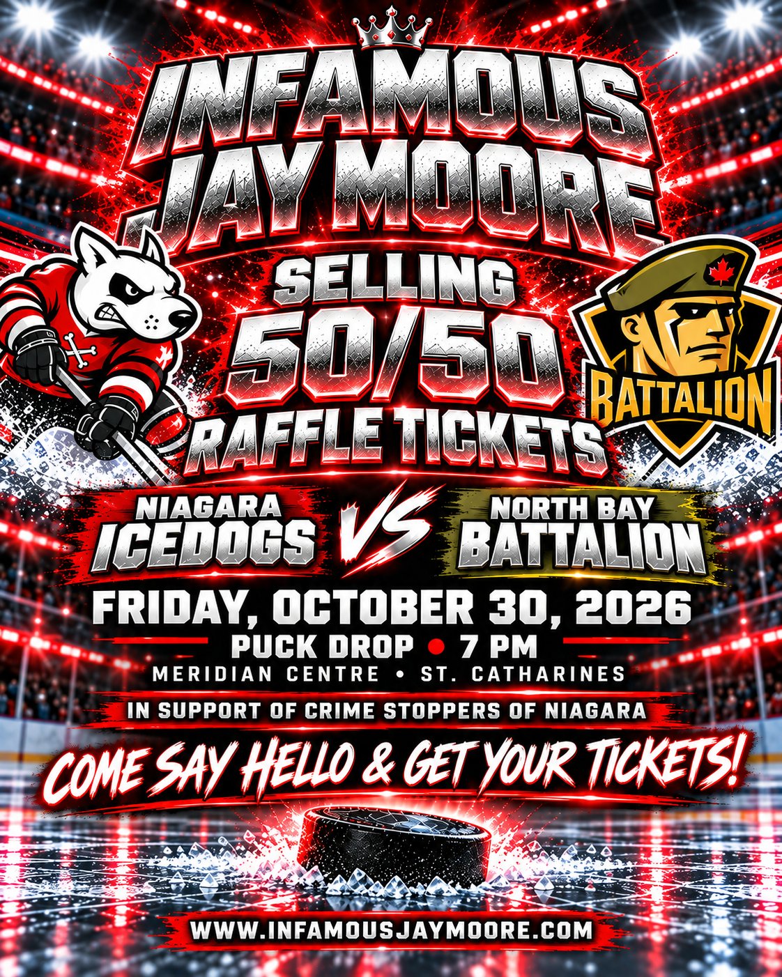 Infamous Jay Moore selling 50/50 tickets for Crime Stoppers of Niagara — Niagara IceDogs vs North Bay Battalion, Friday October 30, Meridian Centre