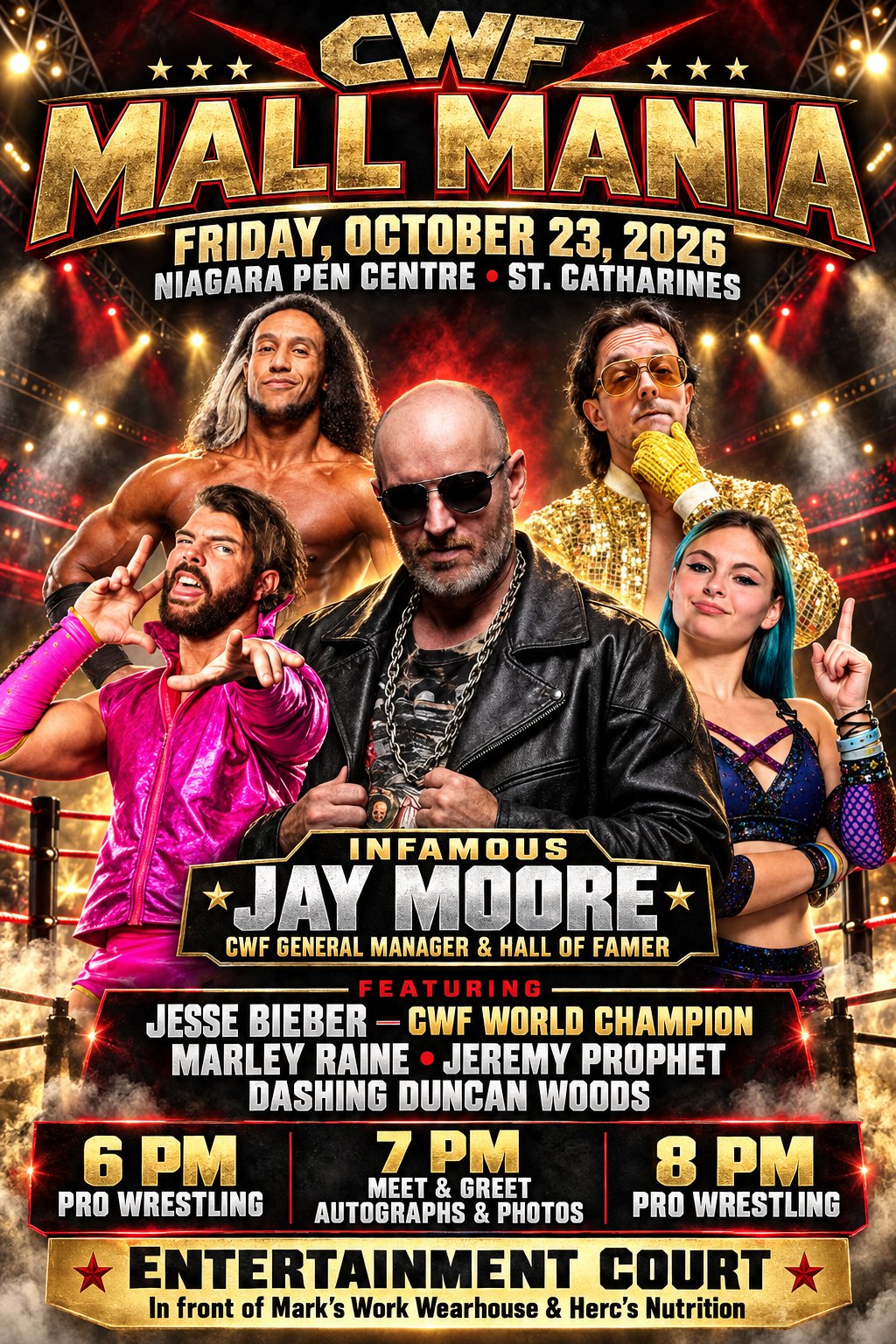 Infamous Jay Moore appearing at CWF Mall Mania live wrestling and meet & greet, Friday October 23 2026, Niagara Pen Centre, St. Catharines
